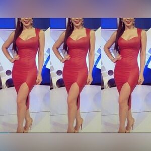 Red Faux Leather Key-Hole Back Padded Midi Dress Size Small